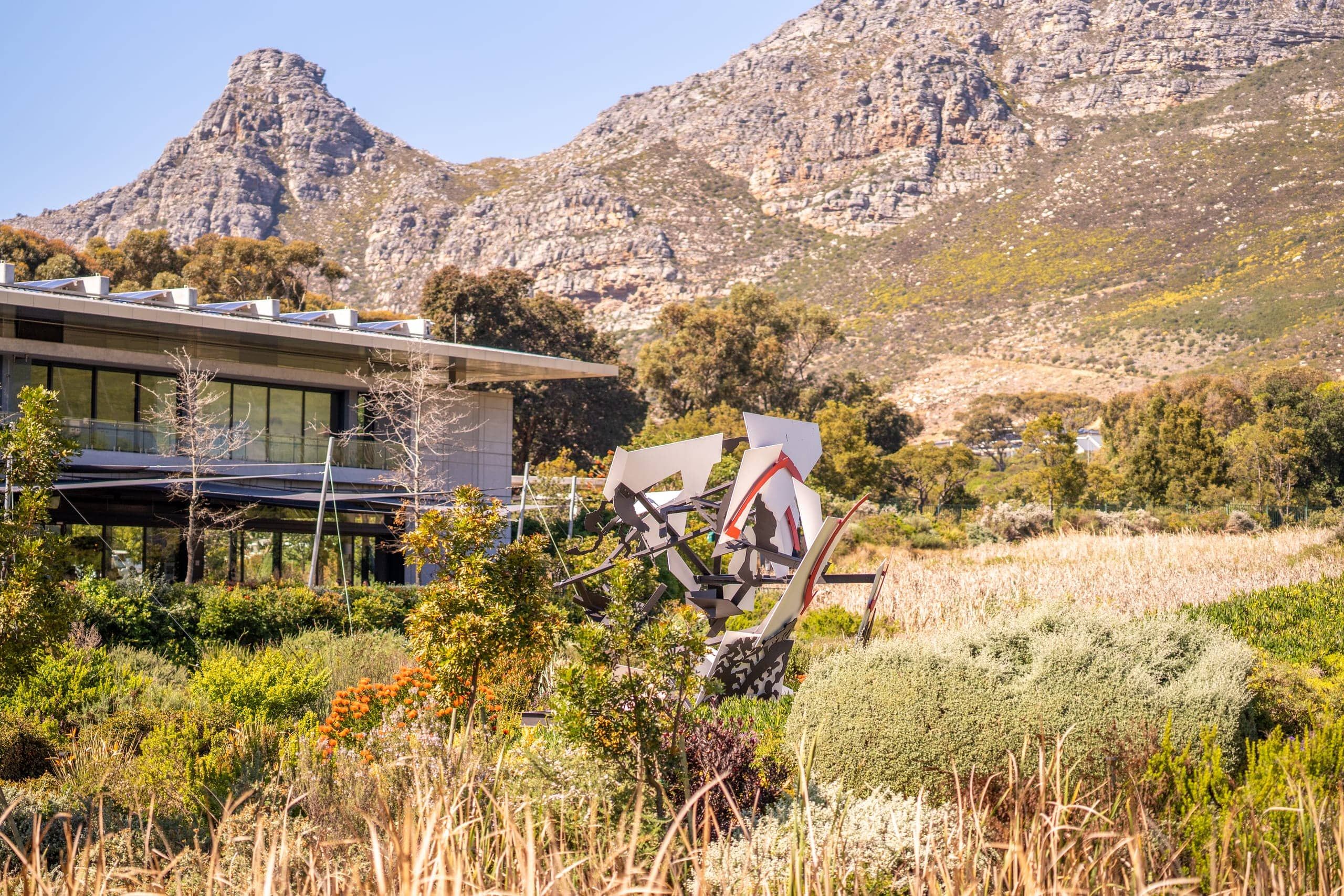 An outdoor sculpture in the indigenous gardens beneath the mountain