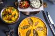 Lentil Bobotie, Raita, Sambals, Turmeric Rice, Crispy Onion